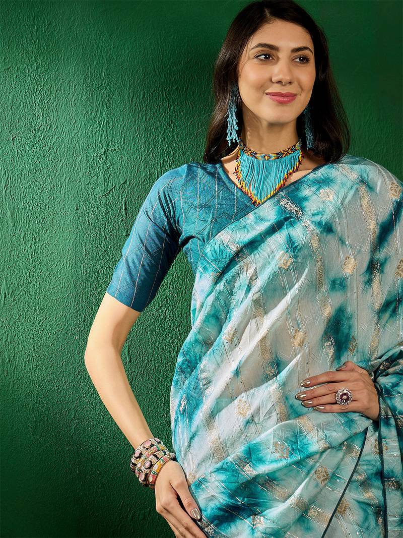Turquoise staple cotton saree with tie-dye pattern, golden zari woven