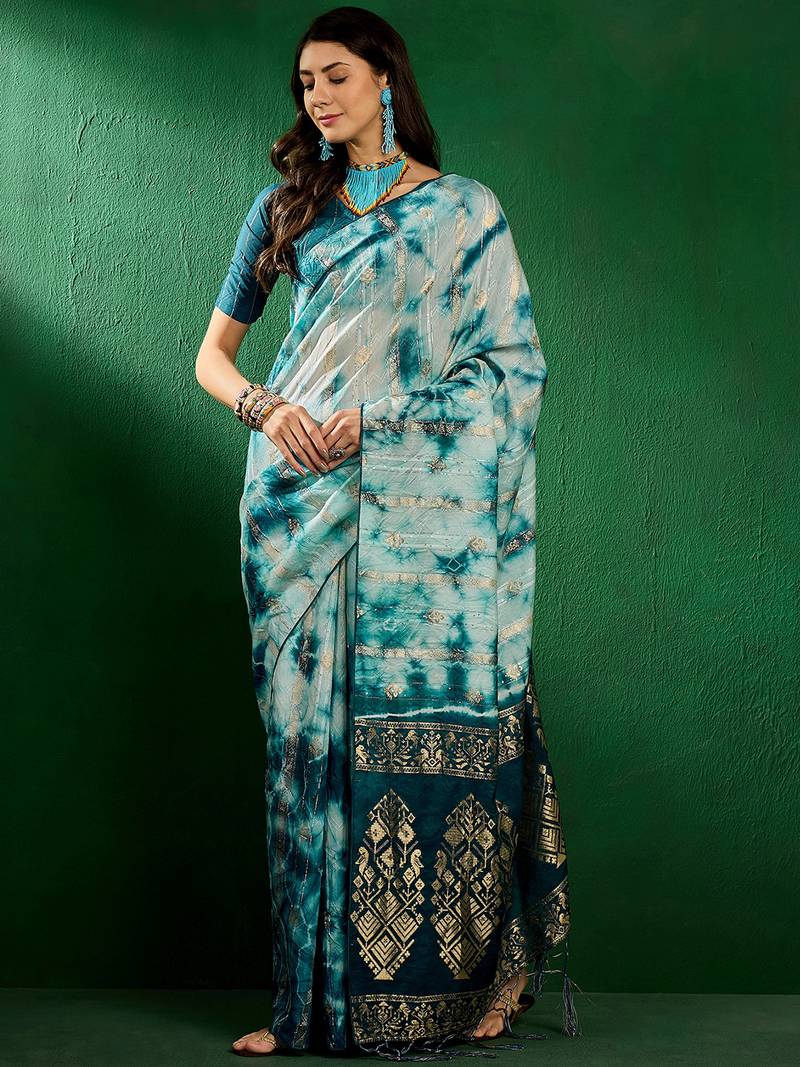 Turquoise staple cotton saree with tie-dye pattern, golden zari woven