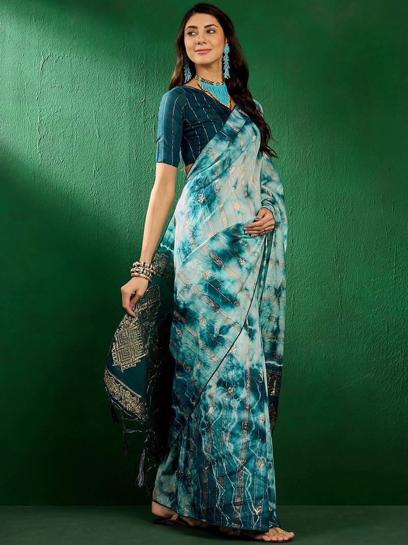 Turquoise staple cotton saree with tie-dye pattern, golden zari woven