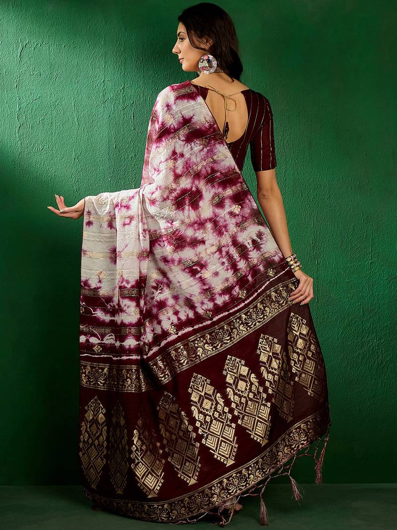 Burgundy staple cotton saree with tie-dye pattern, golden zari woven