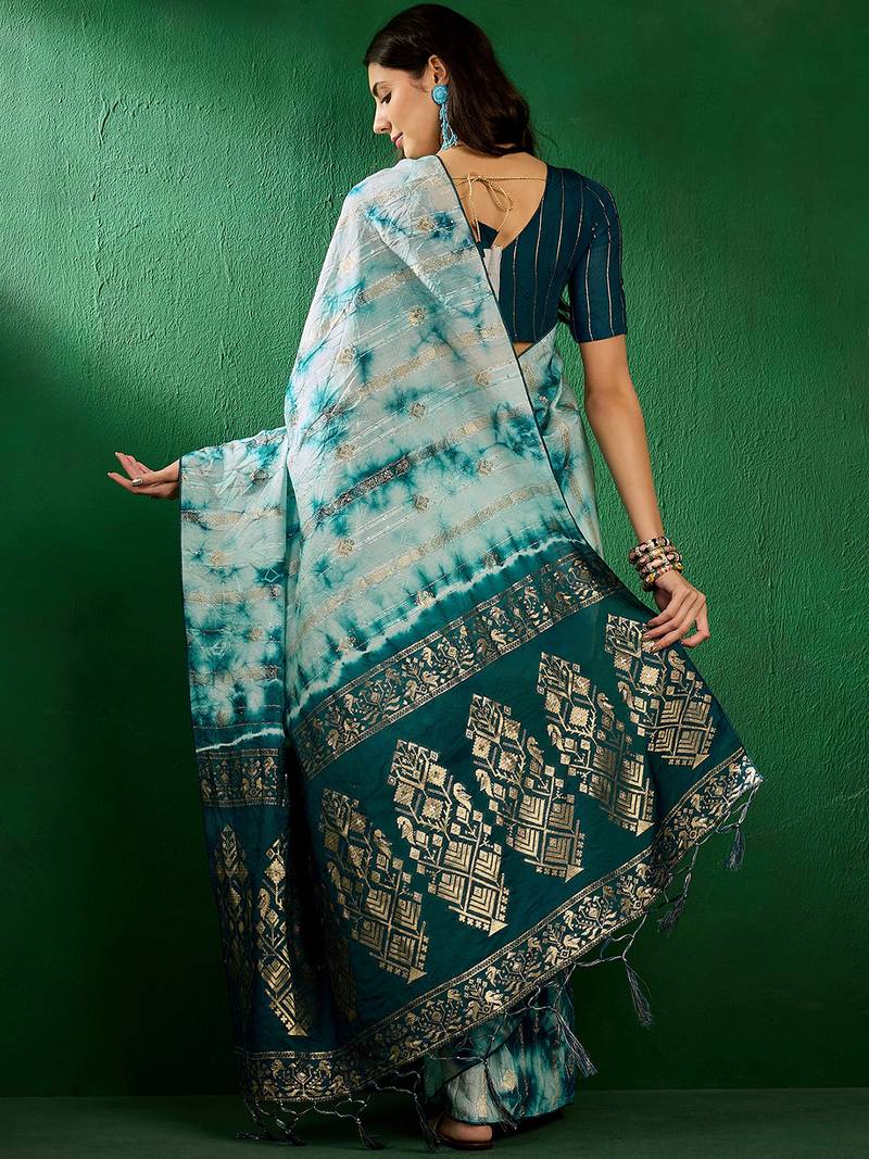 Turquoise staple cotton saree with tie-dye pattern, golden zari woven