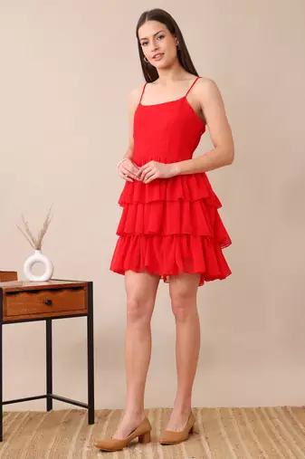 women   s red ruffle mini dress spaghetti party western short sleeveless