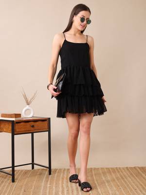 women   s black ruffle mini dress|spaghetti party western short sleeveless 4
