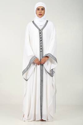 Elegant georgette kaftan abaya with cord embroidery & tassel detailing-white 1