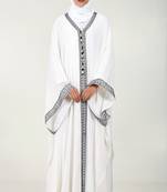 Elegant georgette kaftan abaya with cord embroidery & tassel detailing-white