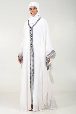 Elegant georgette kaftan abaya with cord embroidery & tassel detailing-white 2