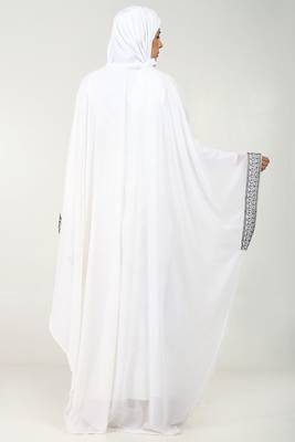 Elegant georgette kaftan abaya with cord embroidery & tassel detailing-white 3