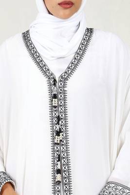 Elegant georgette kaftan abaya with cord embroidery & tassel detailing-white 4
