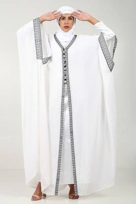 Elegant georgette kaftan abaya with cord embroidery & tassel detailing-white 5
