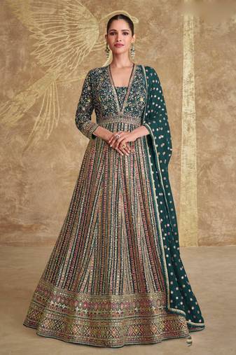 Green embroidery sequins georgette gown- free size stitched(size upto 42")