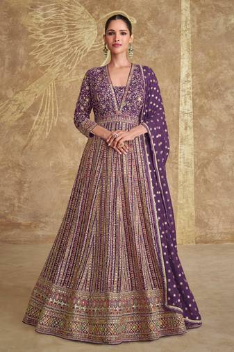 Purple embroidery sequins Anarkali Suit- free size stitched(size upto 42")