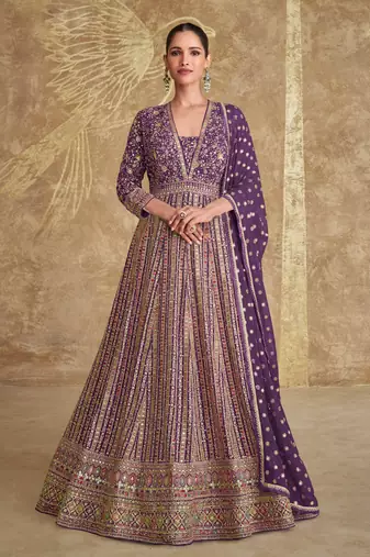 Purple embroidery sequins Anarkali Suit- free size stitched(size upto 42")