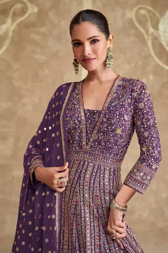 Purple embroidery sequins Anarkali Suit- free size stitched(size upto 42")