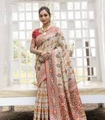 Red & off white 3D Weaving Rajwadi sarees with patola pattern 