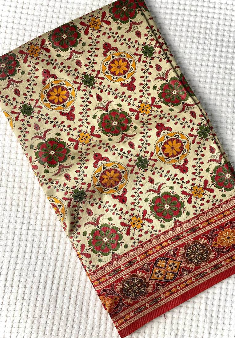 Red & off white 3D Weaving Rajwadi sarees with patola pattern 