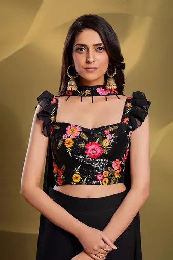 Black Color Georgette Base Readymade Lehenga Choli With Dupatta