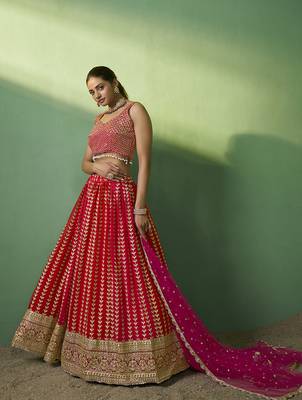 red Bridesmaid lehenga choli with dupatta set 3