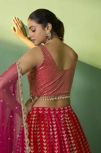 red Bridesmaid lehenga choli with dupatta set