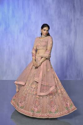 peach heavy work lehenga with vibrant blouse and matching dupatta 1