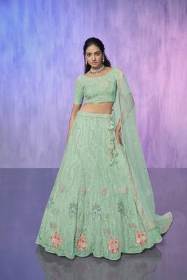 blue heavy work lehenga with vibrant blouse and contrast dupatta 1