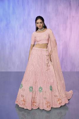 peach heavy work lehenga with vibrant blouse and contrast dupatta 1