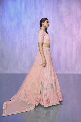 peach heavy work lehenga with vibrant blouse and contrast dupatta 2