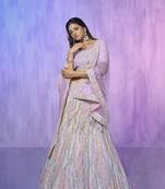 lavender heavy work lehenga with vibrant blouse and contrast dupatta