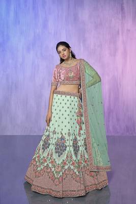 blue heavy work lehenga with vibrant blouse and contrast dupatta 1