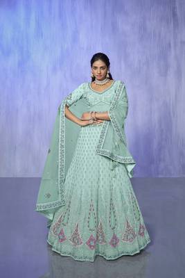 blue heavy work lehenga with vibrant blouse and contrast dupatta 1