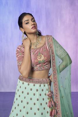 blue heavy work lehenga with vibrant blouse and contrast dupatta 4