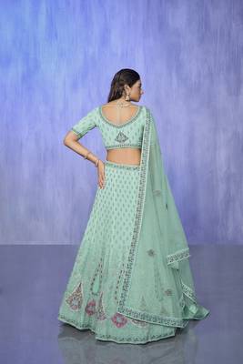blue heavy work lehenga with vibrant blouse and contrast dupatta 3