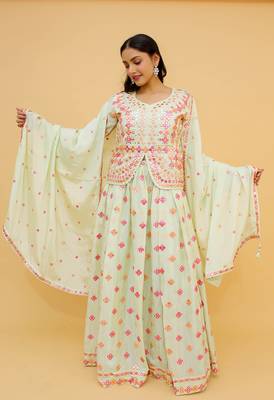  Mirror Work Pale Green Color FlaRed Lehenga For Women 1