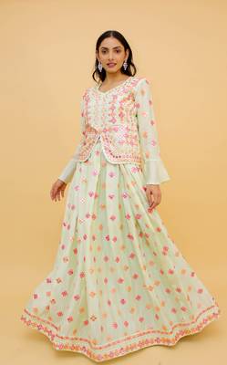  Mirror Work Pale Green Color FlaRed Lehenga For Women 2
