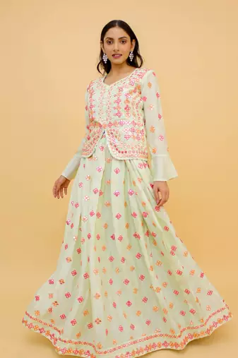  Mirror Work Pale Green Color FlaRed Lehenga For Women