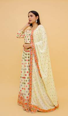 Cream Color Georgette Base Mirror Work Lehenga Choli For Women 2