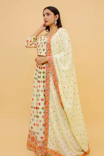 Cream Color Georgette Base Mirror Work Lehenga Choli For Women