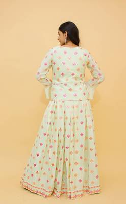  Mirror Work Pale Green Color FlaRed Lehenga For Women 3