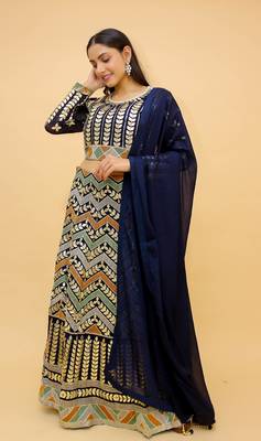  Navy Blue Color Resham And Dori Work Crop Top Lehenga For Women 1