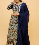  Navy Blue Color Resham And Dori Work Crop Top Lehenga For Women
