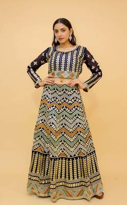  Navy Blue Color Resham And Dori Work Crop Top Lehenga For Women 2
