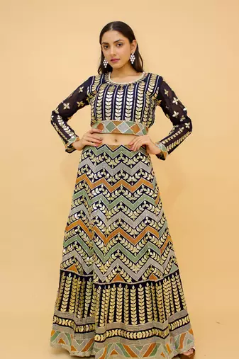  Navy Blue Color Resham And Dori Work Crop Top Lehenga For Women