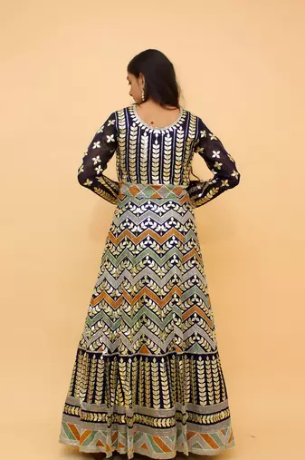  Navy Blue Color Resham And Dori Work Crop Top Lehenga For Women