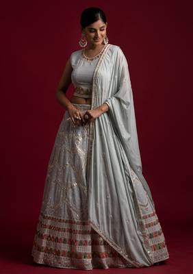  Grey Color Georgette Base Resham And Gota Work Lehenga Choli For Women 1