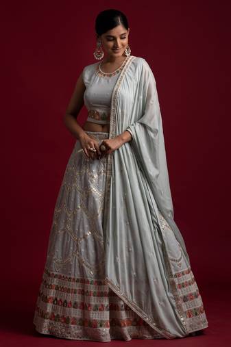  Grey Color Georgette Base Resham And Gota Work Lehenga Choli For Women