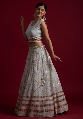  Grey Color Georgette Base Resham And Gota Work Lehenga Choli For Women 2
