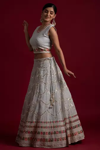  Grey Color Georgette Base Resham And Gota Work Lehenga Choli For Women