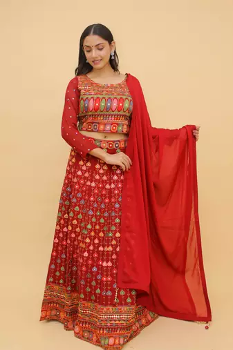  Mirror And Thread Work Red Color Georgette Lehenga Choli For Women