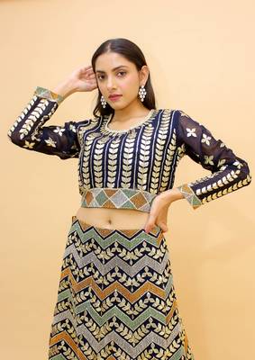  Navy Blue Color Resham And Dori Work Crop Top Lehenga For Women 4