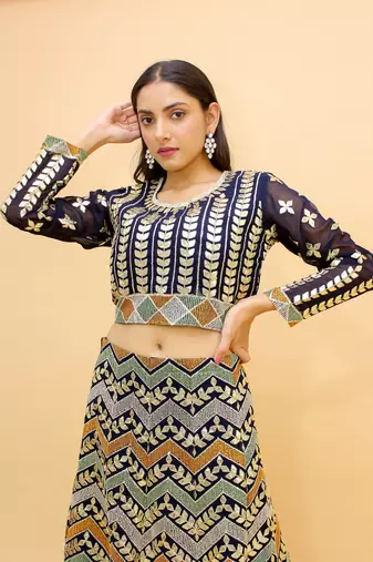  Navy Blue Color Resham And Dori Work Crop Top Lehenga For Women