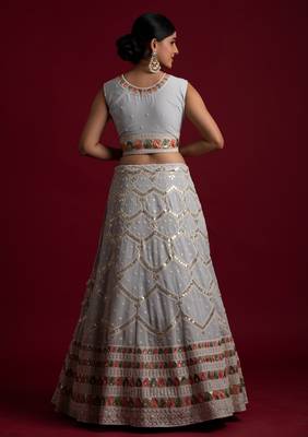  Grey Color Georgette Base Resham And Gota Work Lehenga Choli For Women 3